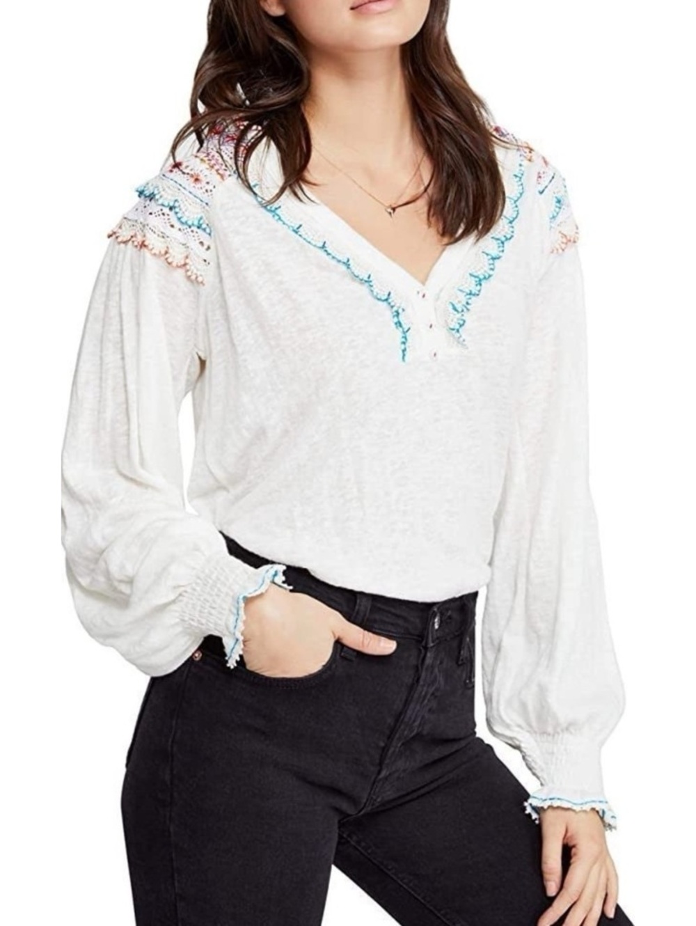 Free People Siesta Fiesta Colorful Embroidery Whimsical Boho Long Sleeve Top Med